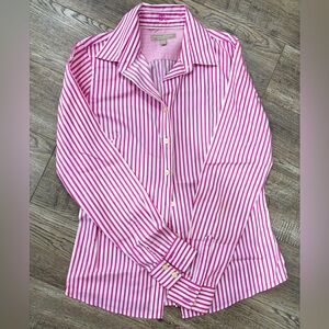 Women’s pink and white candy are stripe button down